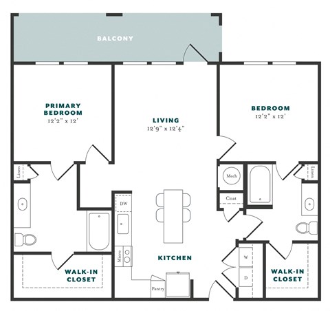 Floor plan for 2 beds, 2 baths, 1131 sqft